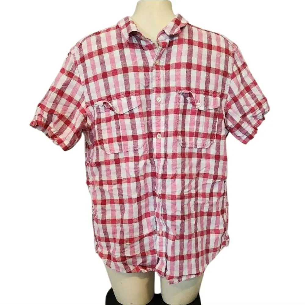 Men's Banana Republice Red Checkered Button‎ Down Linen Blend Shirt Size Large